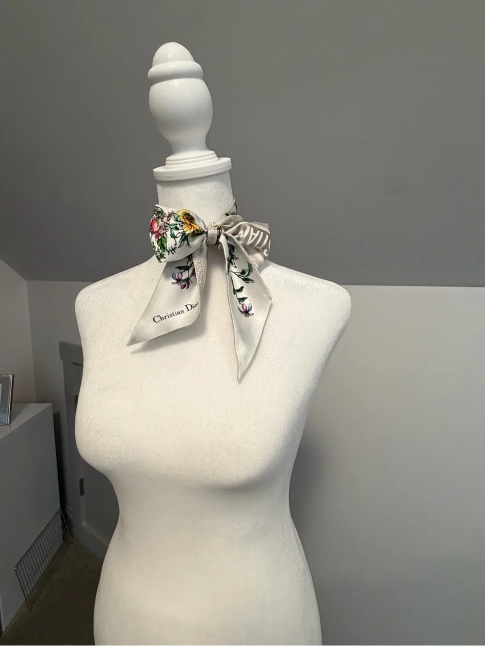 Dior Silk Striped Botanical Ribbon Scarf in Cream and Taupe